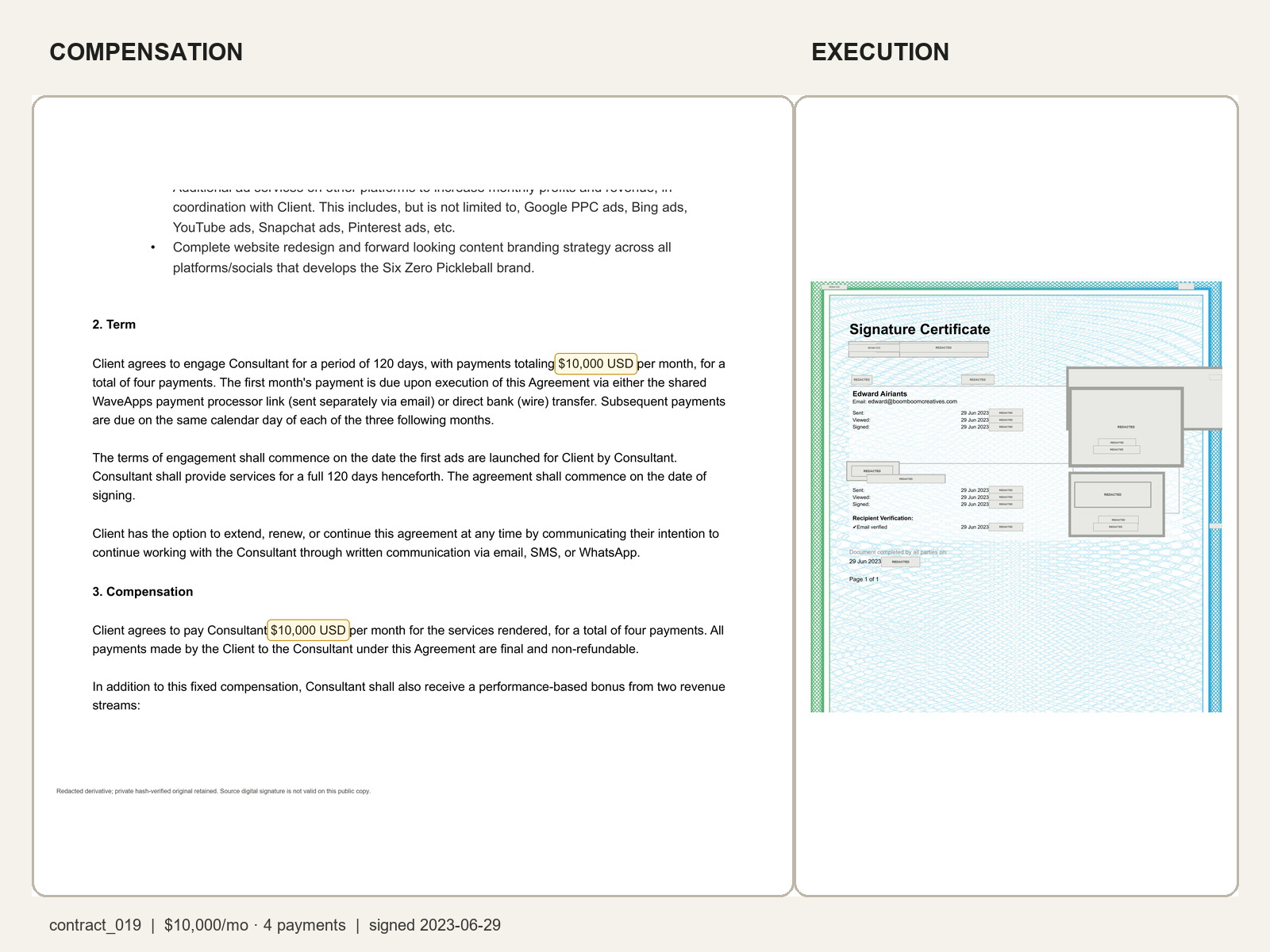 Redacted executed client agreement totalling $40,000 over 4 payments.