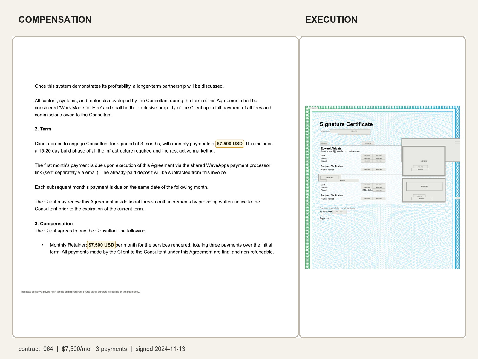 Redacted executed client agreement showing $7,500/mo · 3 payments and execution evidence.