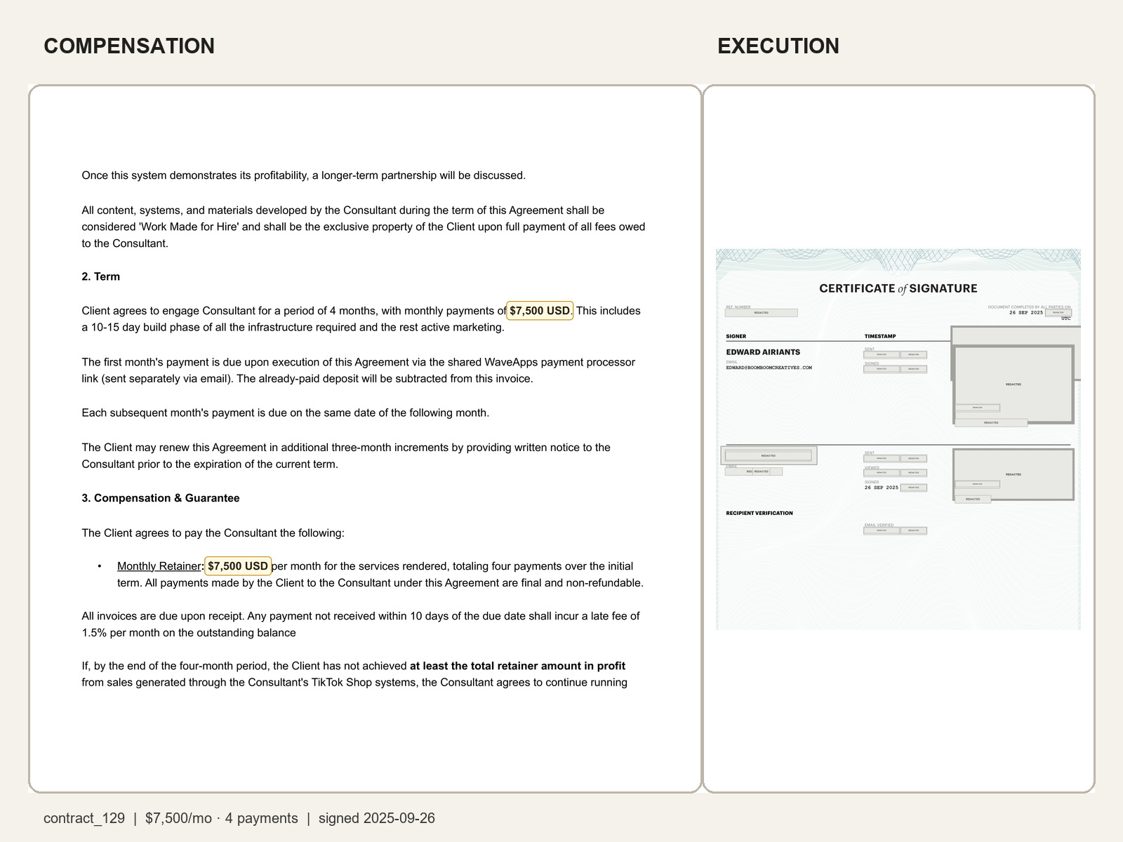 Redacted executed client agreement showing $7,500/mo · 4 payments and execution evidence.