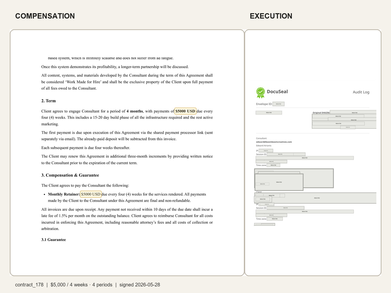 Redacted executed client agreement showing $5,000 / 4 weeks · 4 periods and execution evidence.