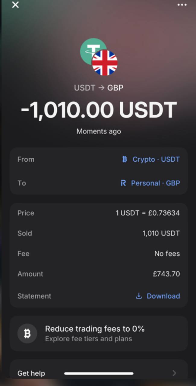 Client payment converted USDT → GBP on receipt.