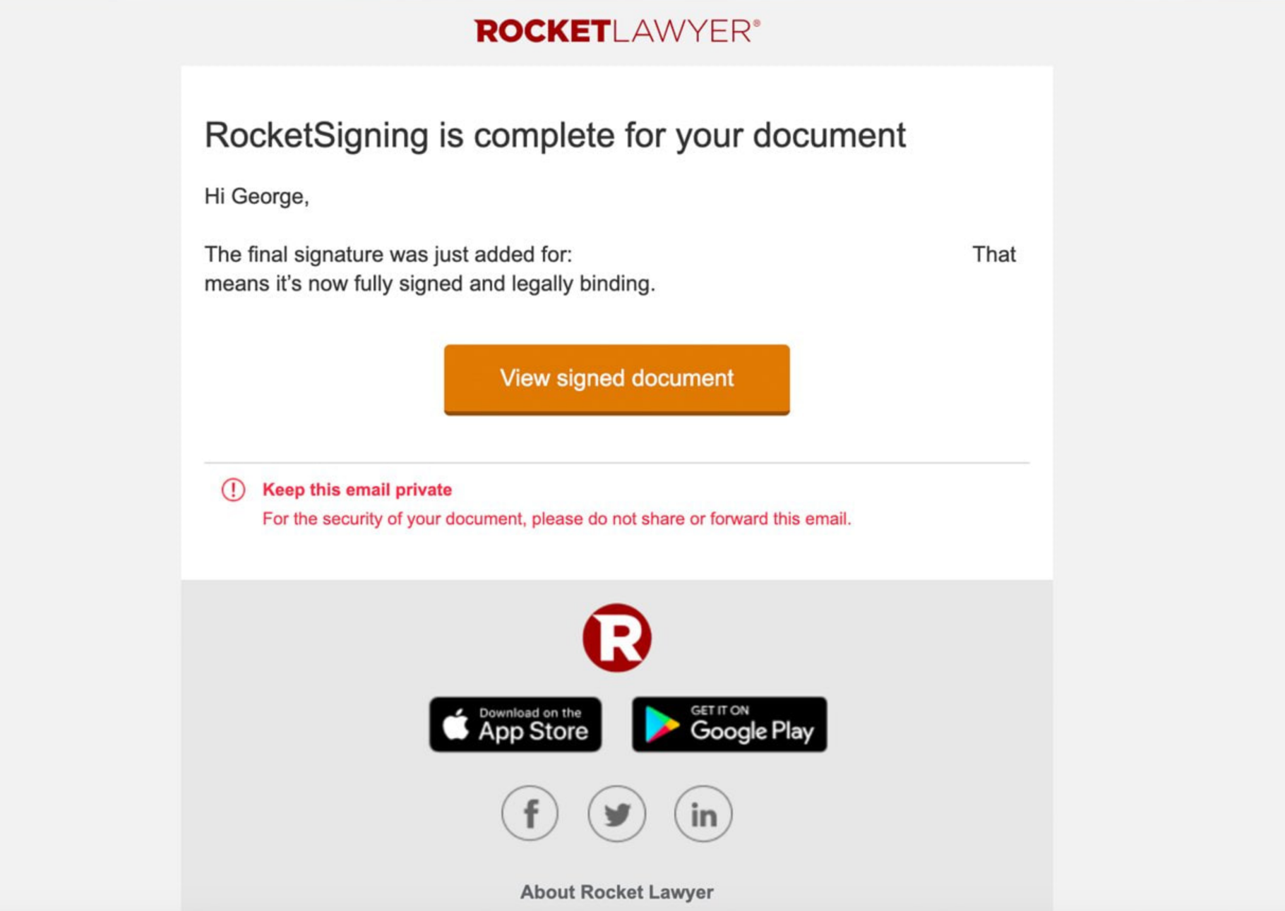 Countersigned client agreement via RocketLawyer.