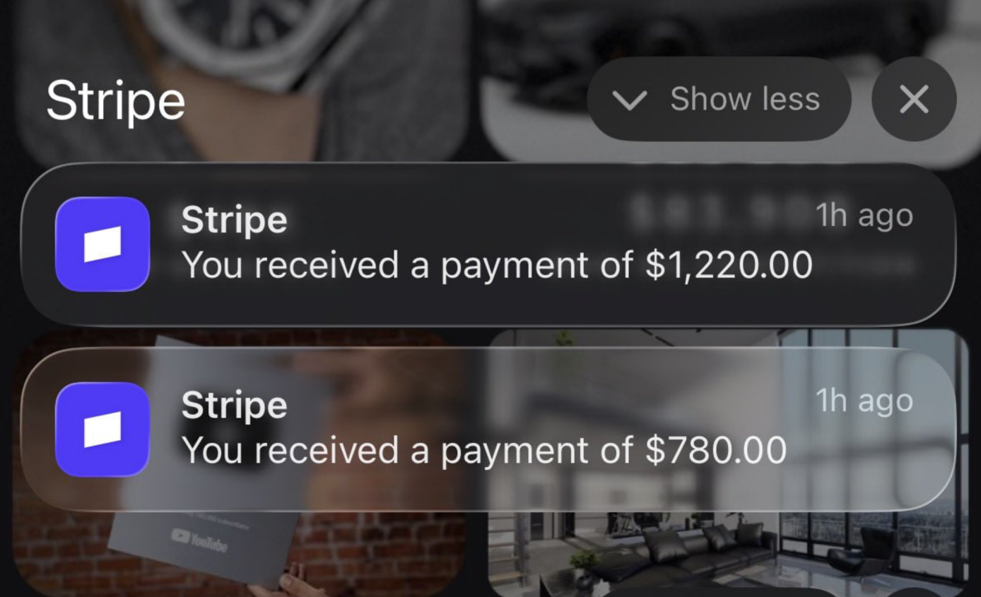 Dual Stripe payment notifications, same day.