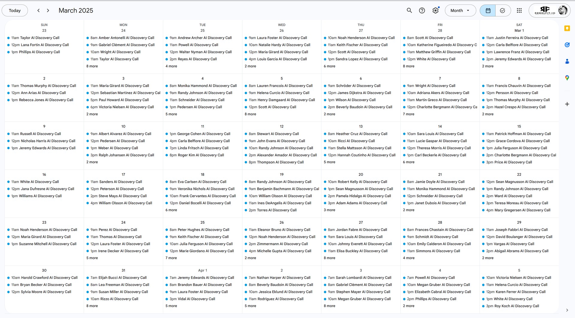 A student’s Google Calendar for a week, filled back-to-back with booked sales calls.