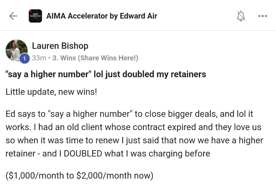 Lauren — existing client retainer doubled after applying the two-call frame.