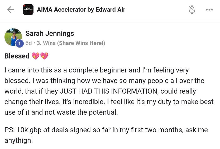 Sarah — complete beginner, multiple clients signed inside two months.